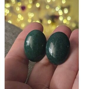 Green Oval Adventurine Stone Earrings Pierced Vintage
